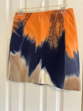 T Tahari Orange, Navy & Tan Abstract Mini Skirt